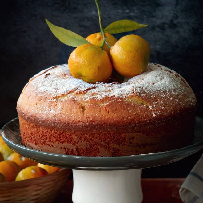 An olive oil and blood orange cake dusted with sugar on a white stand, topped with kumquats and leaves.